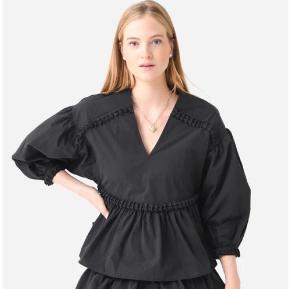 RHODE 'Arya' Balloon-Sleeve Cotton-Blend Peplum Top, Black